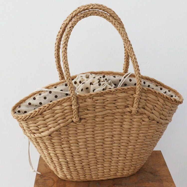 Polka-Dot Drawstring Woven Tote, product image 3