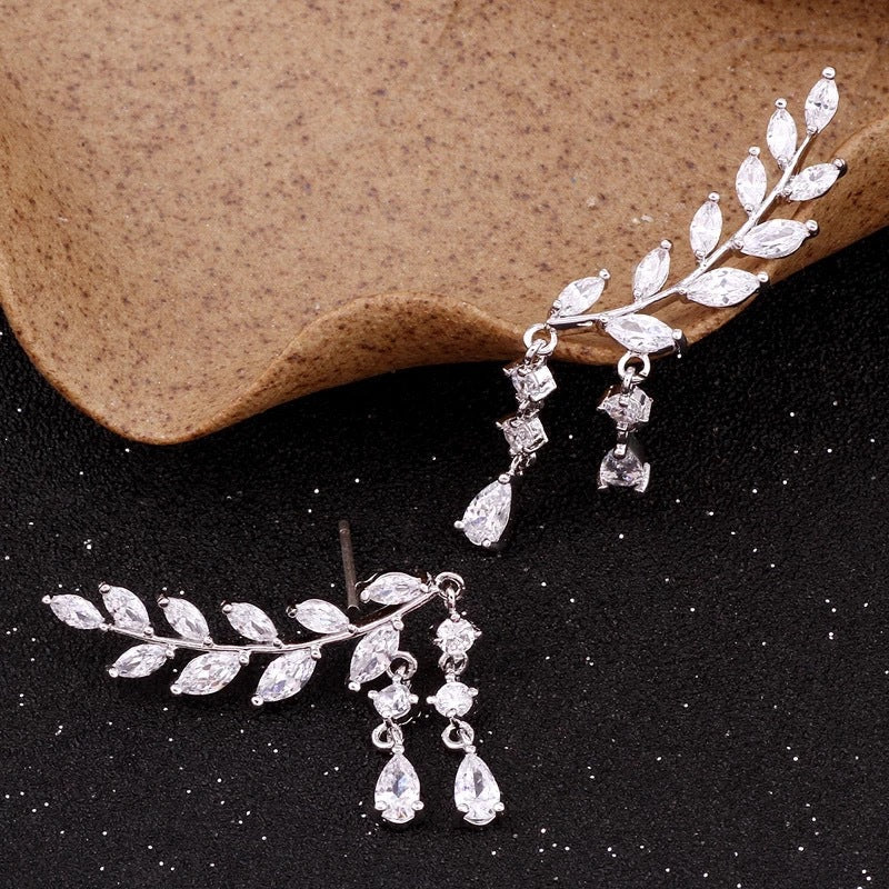 Crystal Leaf Tassel Stud Earrings, product image 5