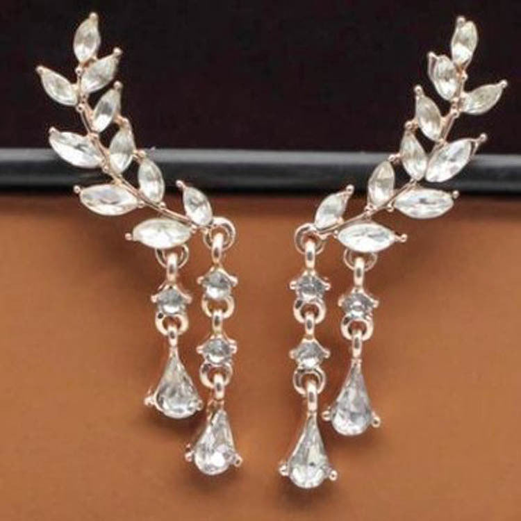 Crystal Leaf Tassel Stud Earrings, product image 4