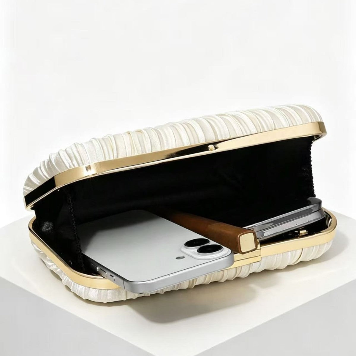 Pleated Silk-Texture Evening Clutch, product image 3