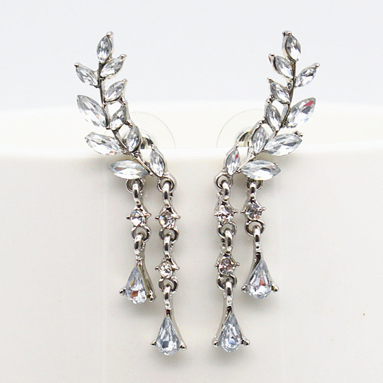Crystal Leaf Tassel Stud Earrings, product image 3