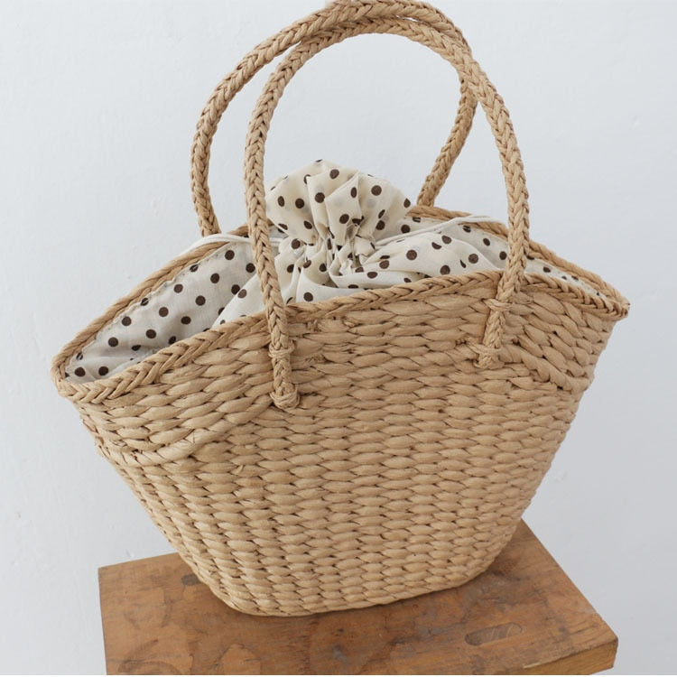 Polka-Dot Drawstring Woven Tote, product image 4