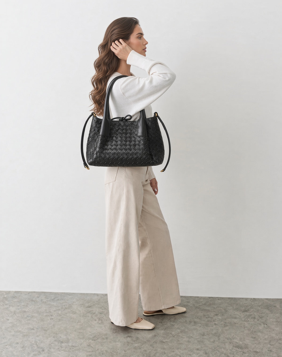 Woven Leather Top-Handle Shoulder Bag