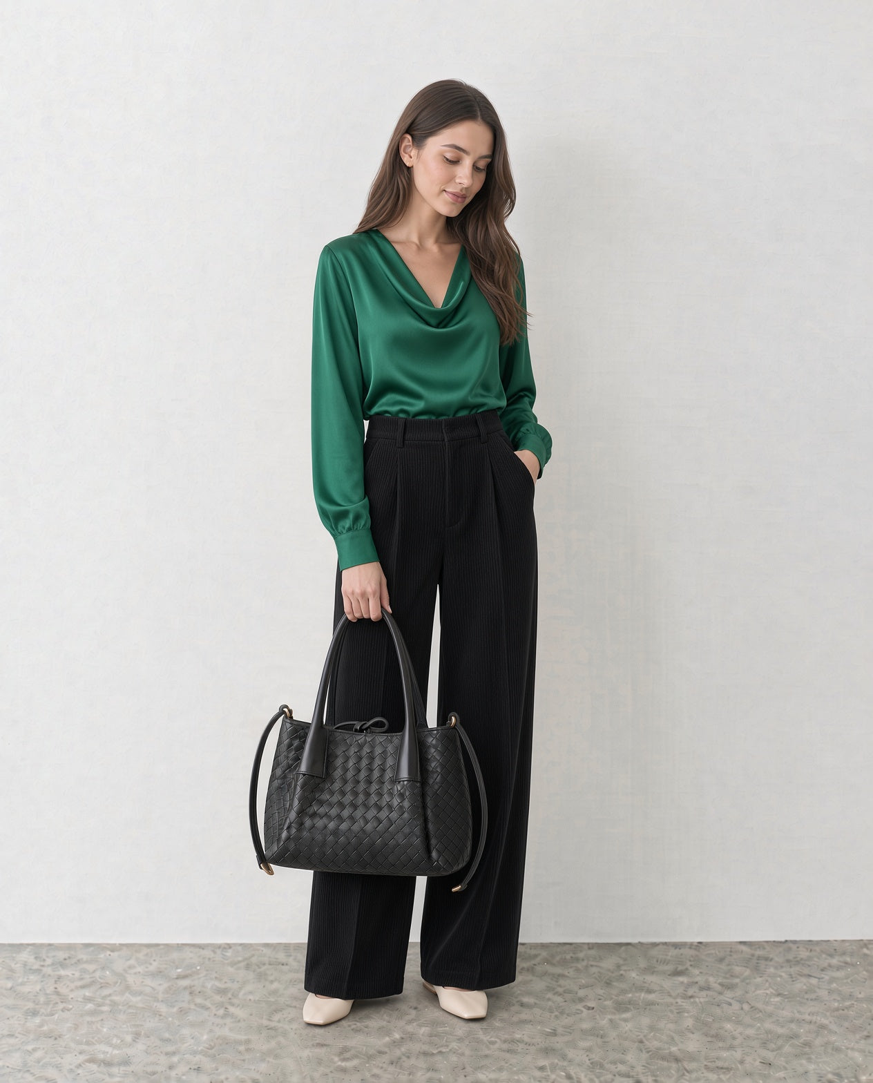 Woven Leather Top-Handle Shoulder Bag