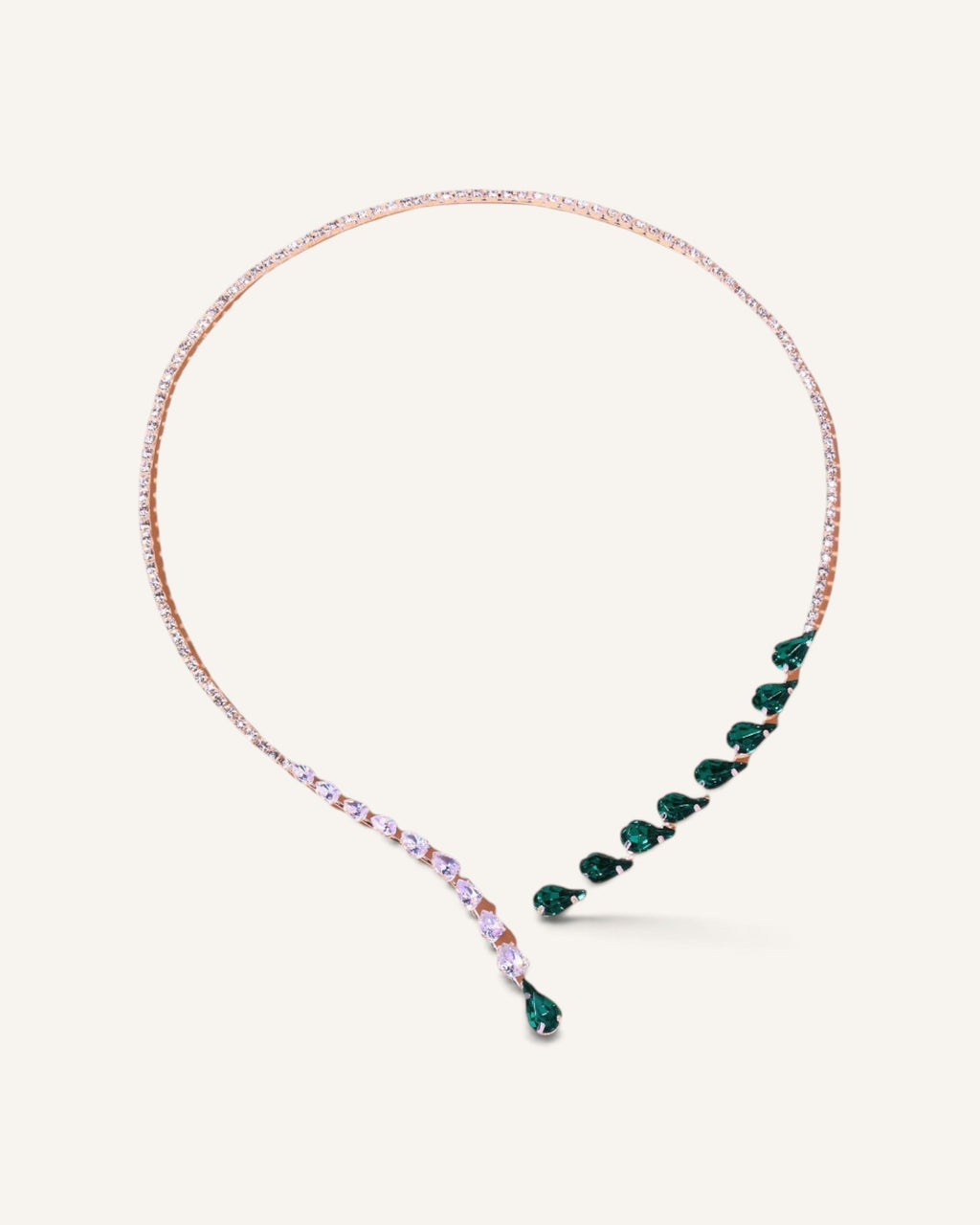 Lunéra de Paris asymmetric collar necklace with clear crystals and graduated pear-cut emerald-green stones