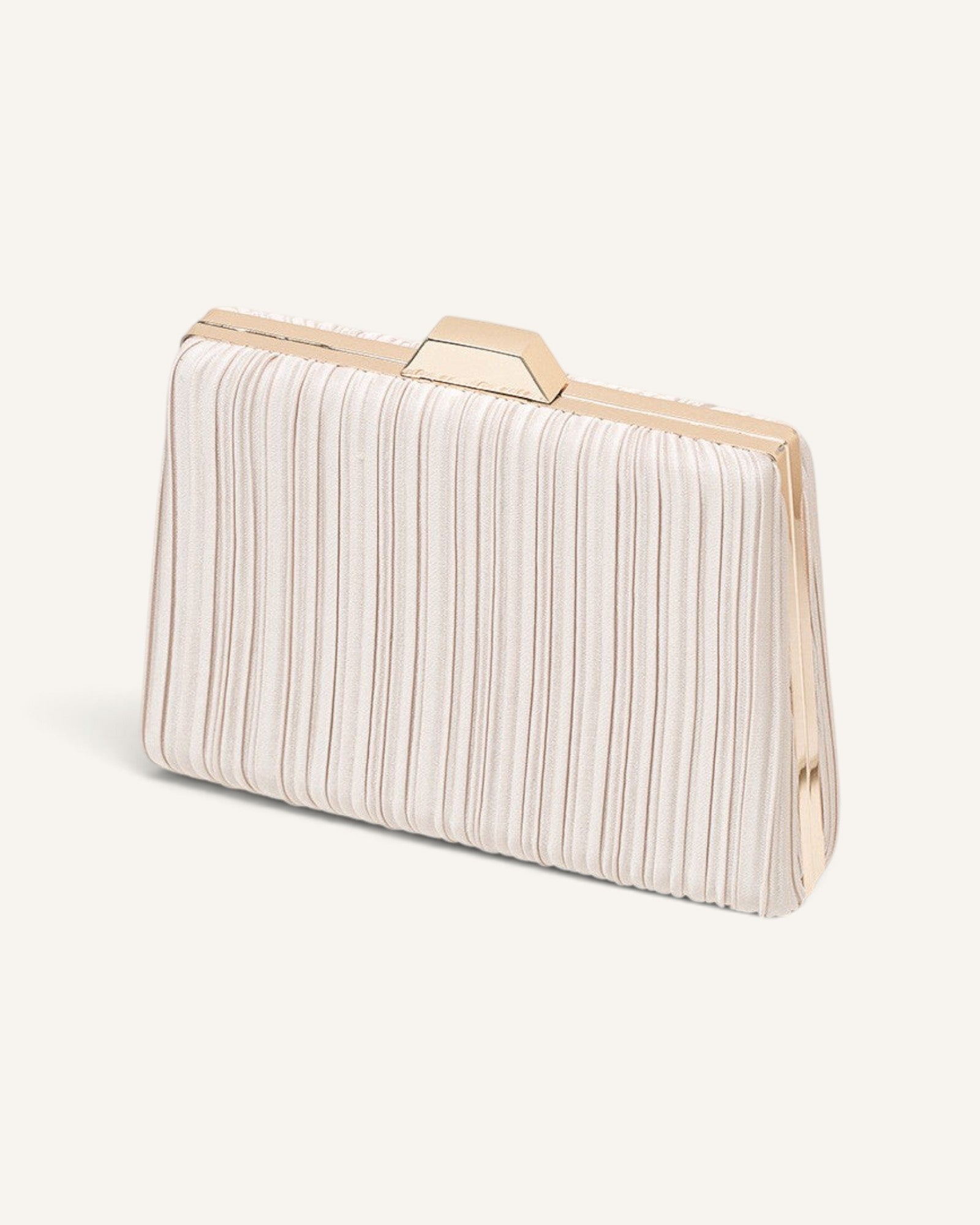 Lunéra de Paris beige plissé evening bag with a structured gold-tone metal frame and elegant geometric clasp closure.
