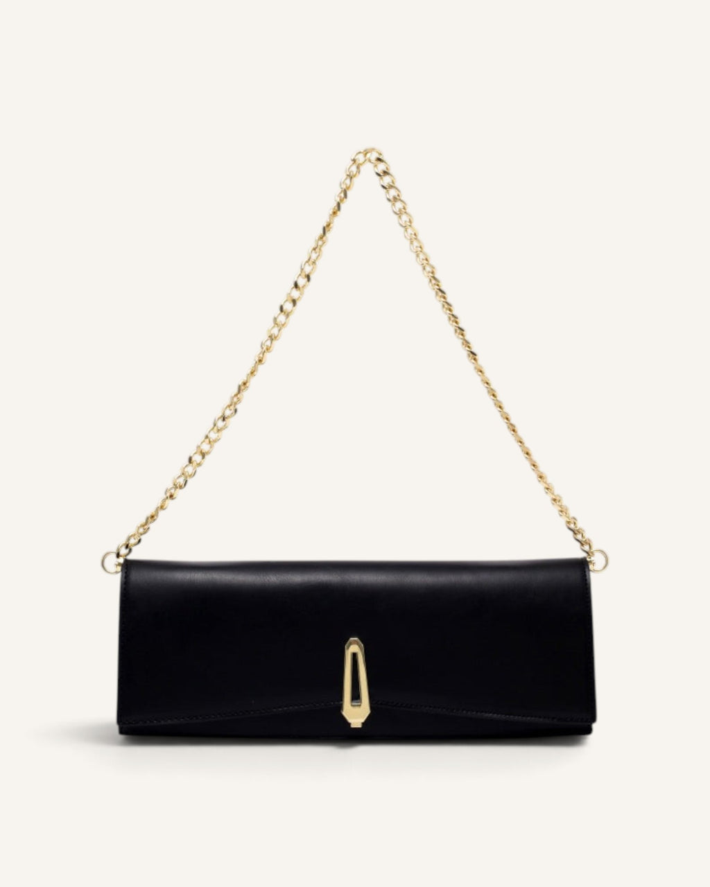 Lunéra de Paris black minimalist baguette shoulder bag with a polished gold chain strap and vertical metal lock