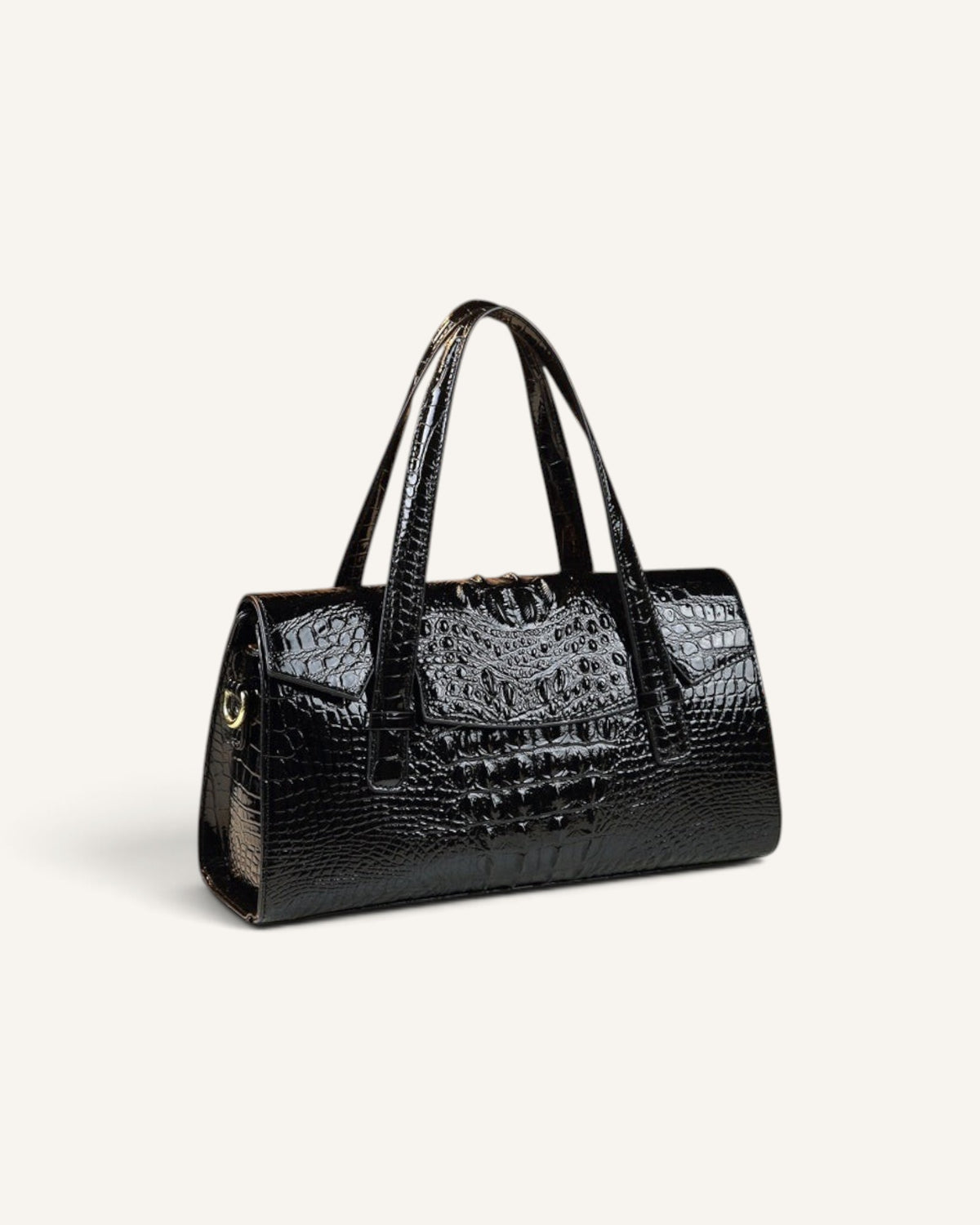 Lunéra de Paris black crocodile-embossed structured top-handle bag with a high-shine finish and rigid silhouette.