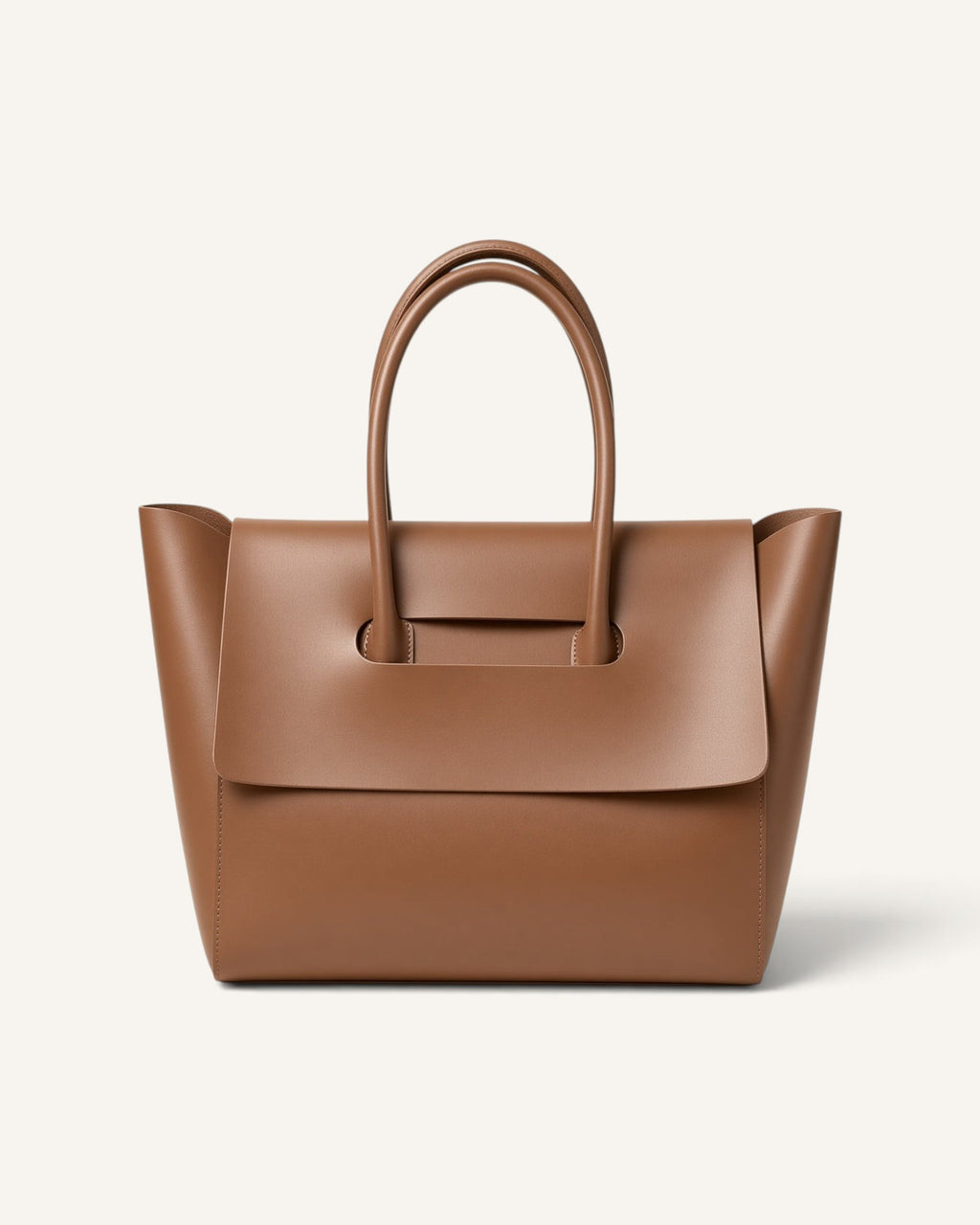 Lunéra de Paris warm brown structured shoulder tote with a minimalist flap and integrated handle cut-out design.