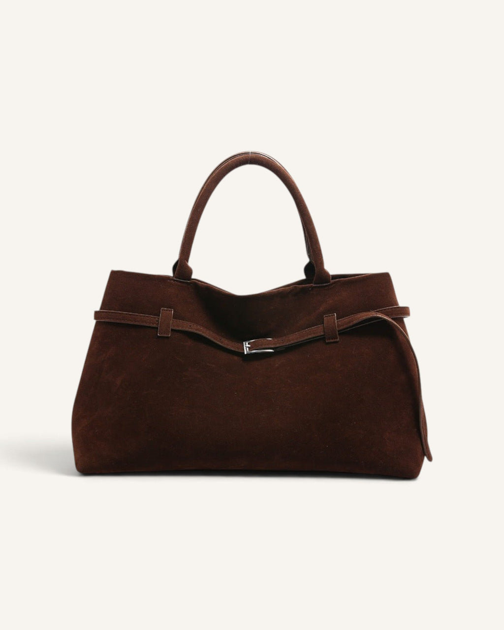 Lunéra de Paris brown suede-effect belted tote bag with circular handles and a structured satchel silhouette.