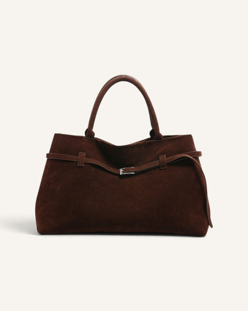 Lunéra de Paris brown suede-effect belted tote bag with circular handles and a structured satchel silhouette.