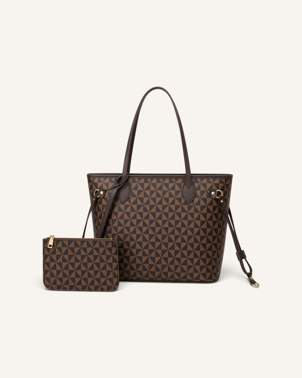 Lunéra de Paris chestnut brown shoulder tote with geometric triangle motif and matching detachable zippered pouch