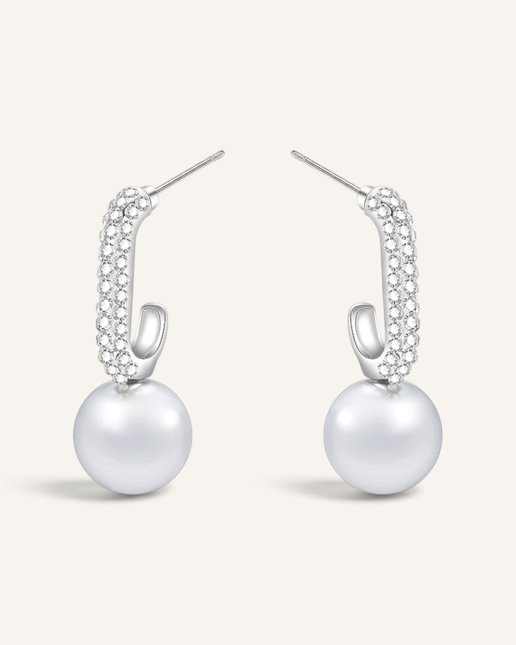 Lunéra de Paris crystal pavé hoop earrings with elegant white pearl drops in a polished silver-tone finish