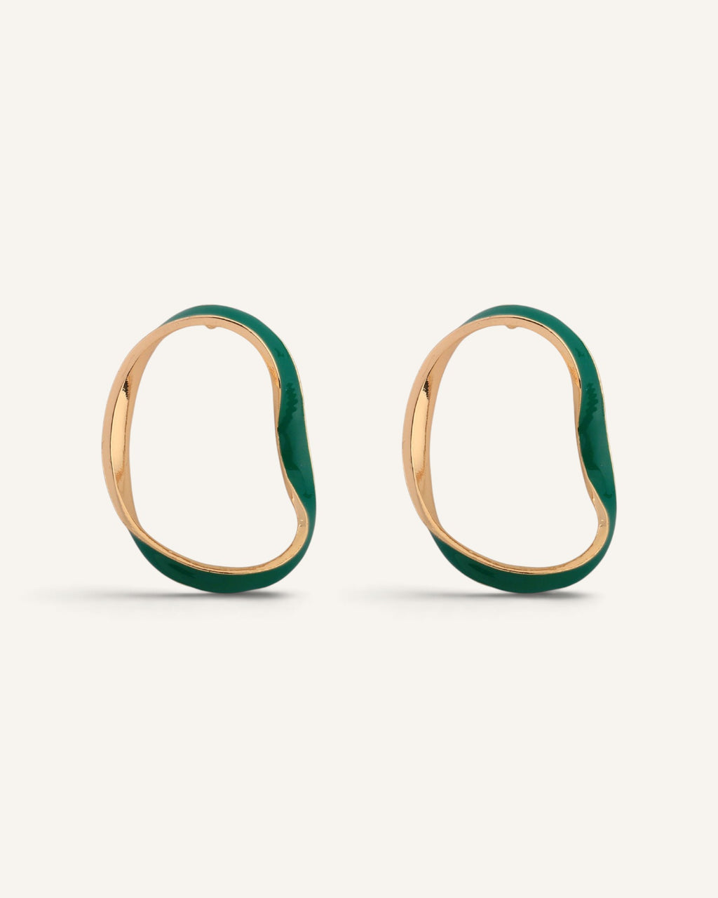 Lunéra de Paris organic emerald green enamel hoop stud earrings with a fluid sculptural gold-tone metal frame.