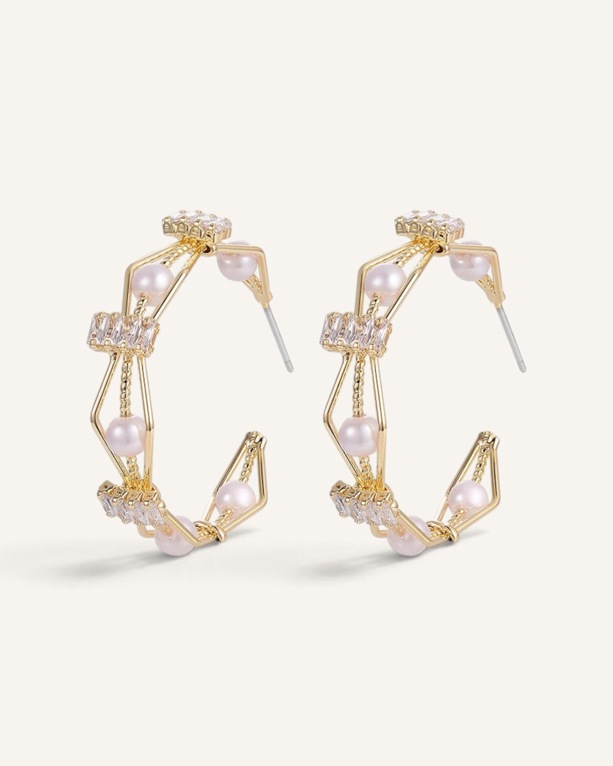 Lunéra de Paris geometric open hoop earrings in gold with faux pearls and clear crystal accents