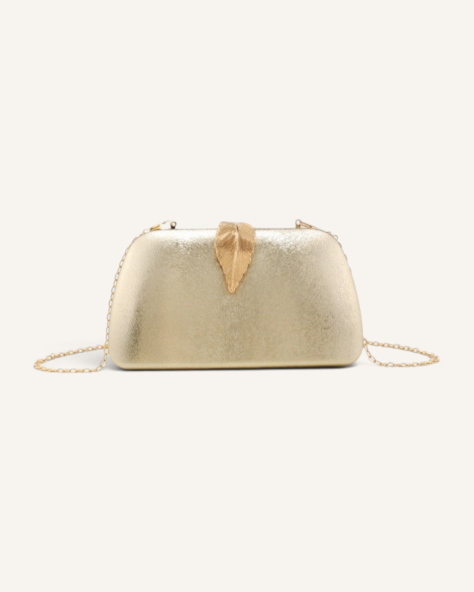 Lunéra de Paris champagne gold textured hard-shell evening clutch with a polished gold-tone leaf clasp and chain strap