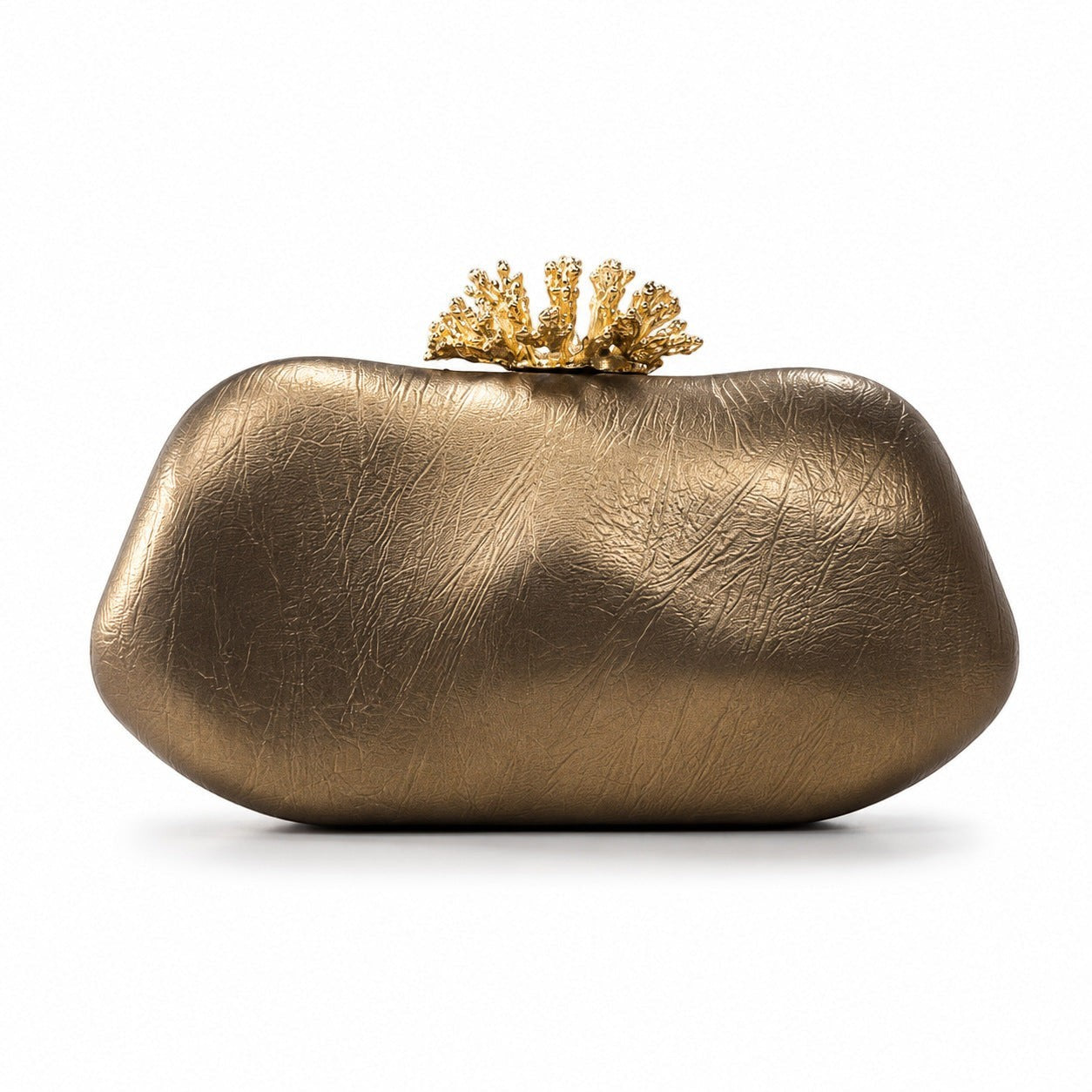 Lunéra de Paris gold oval evening clutch with a textured PU leather finish and decorative gold top clasp