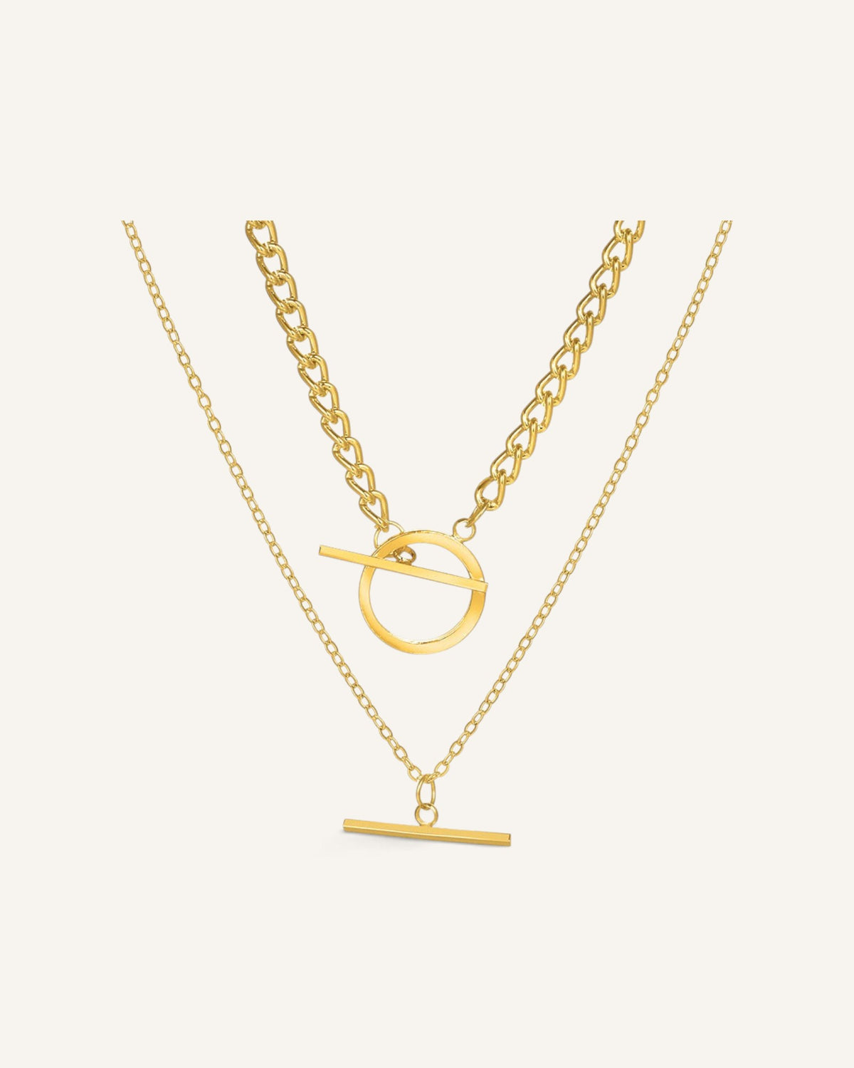 Lunéra de Paris gold-toned layered chain necklace with a modern toggle clasp closure on a light background