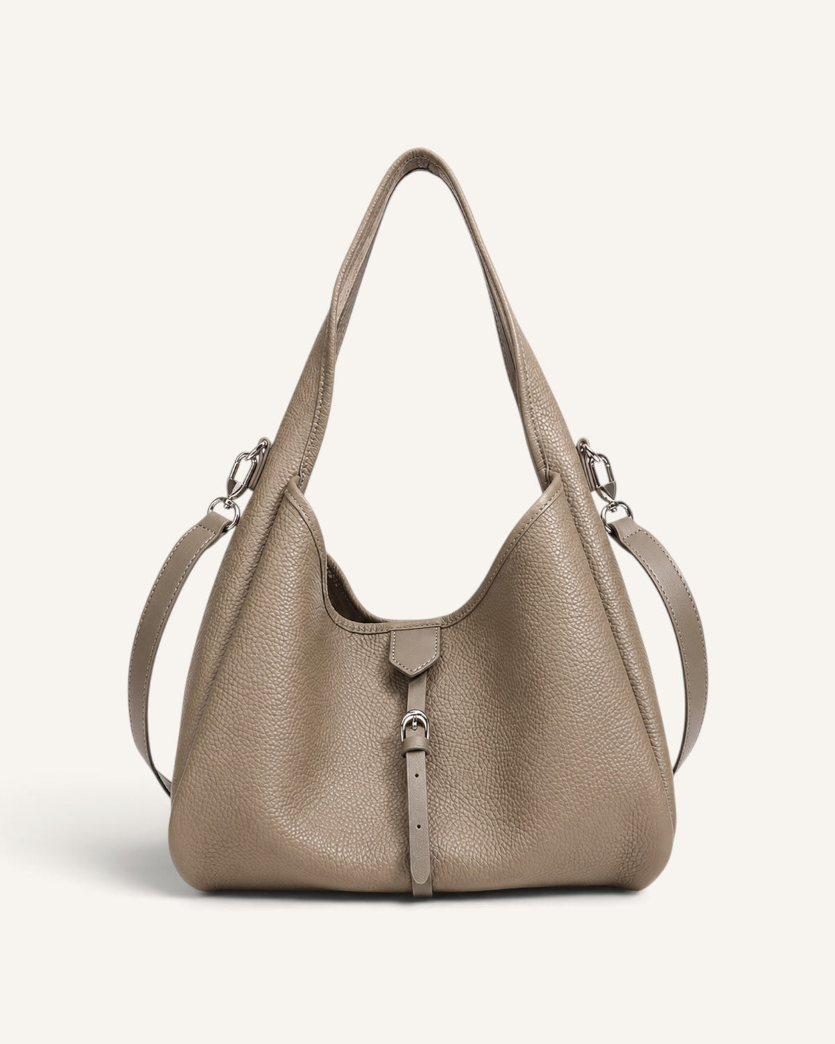Lunéra de Paris gray pebbled leather bucket bag with a slouchy silhouette, integrated handle, and buckle strap.