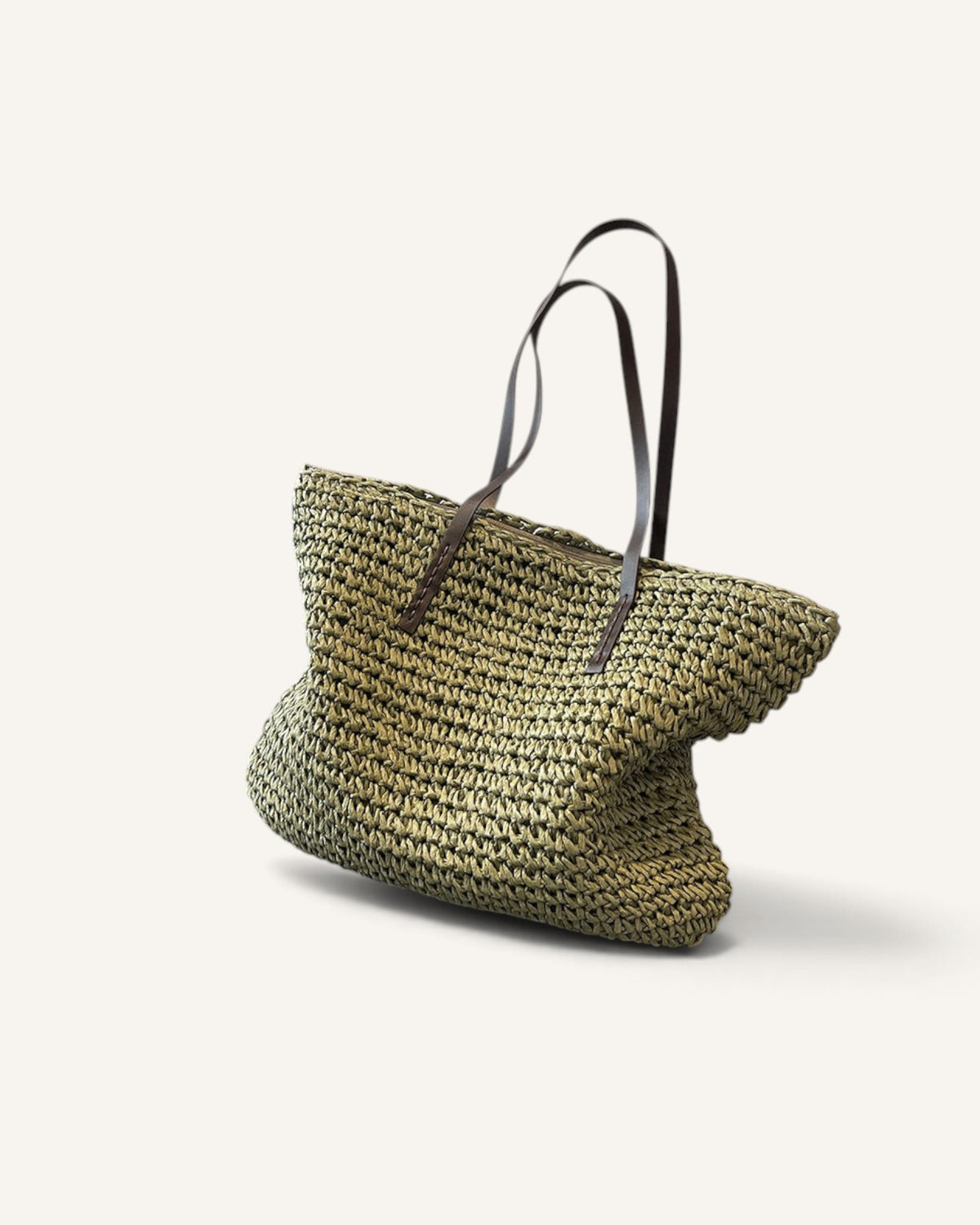 Lunéra de Paris green woven straw-effect shoulder tote with dark brown contrast straps in a spacious horizontal design