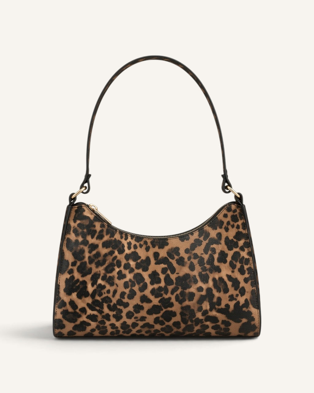 Lunéra de Paris baguette shoulder bag in a leopard print pattern with a structured silhouette and zip-top closure.