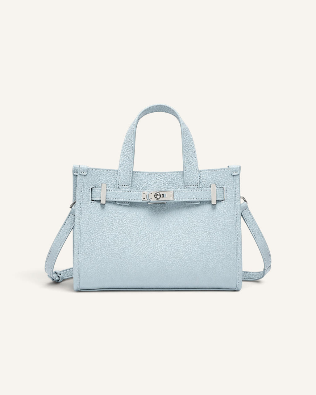 Lunéra de Paris light blue genuine leather handbag with a horizontal square shape, stitching, and silver hasp closure.