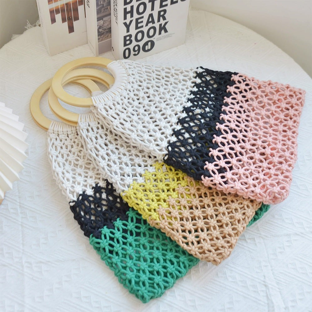 Lunéra de Paris macramé tote bags with circular wooden handles in assorted colors including green, pink, and yellow.