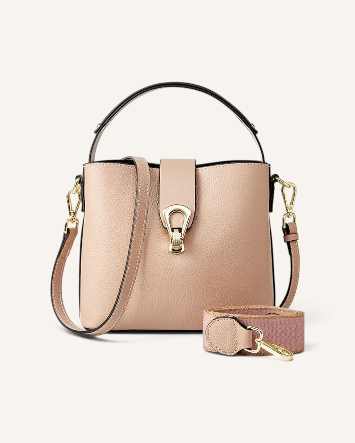 Lunéra de Paris milk tea grain leather top-handle bag with gold lock closure and detachable shoulder strap