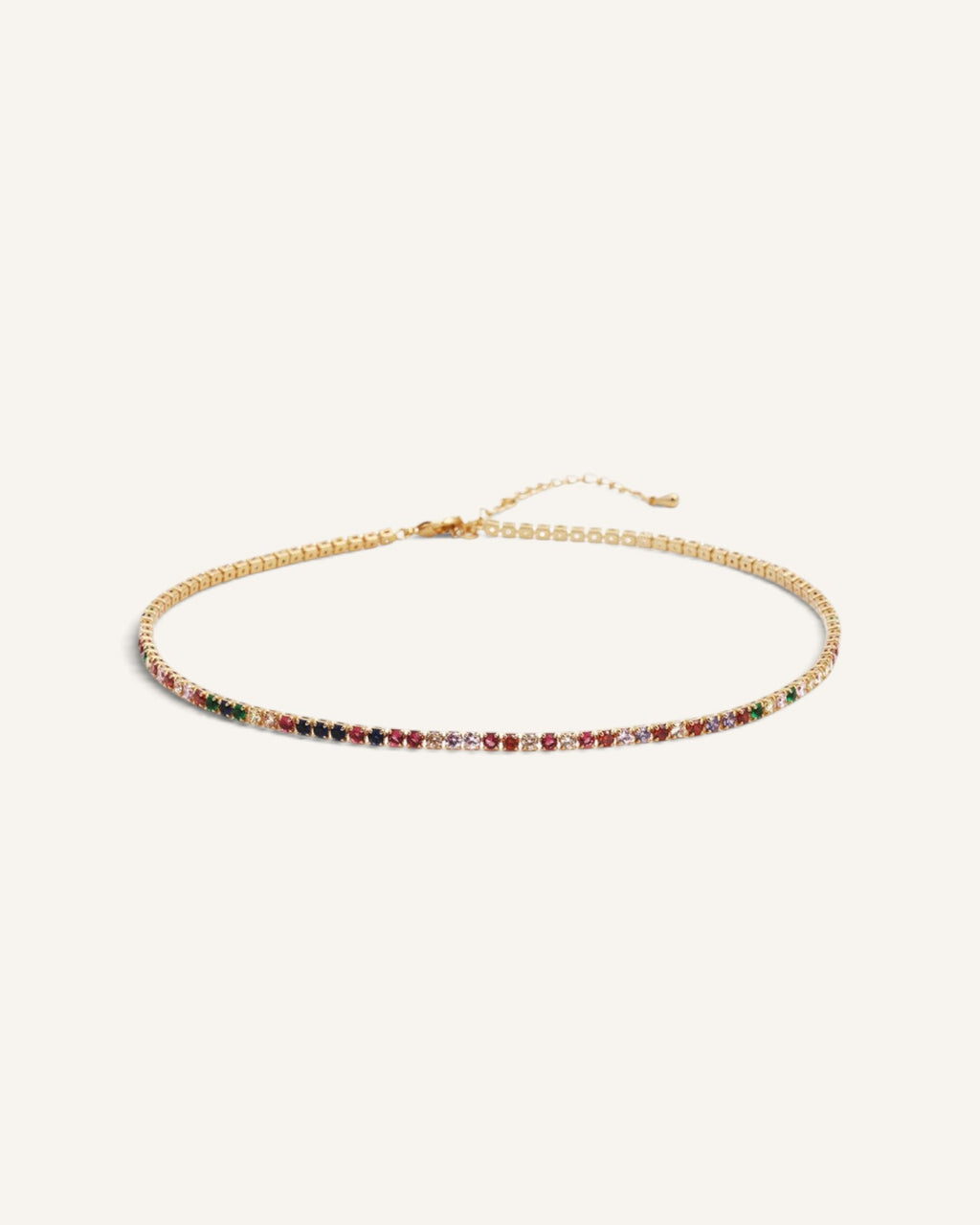 Lunéra de Paris multi-color zircon tennis necklace featuring gold-tone metal and an adjustable chain clasp.