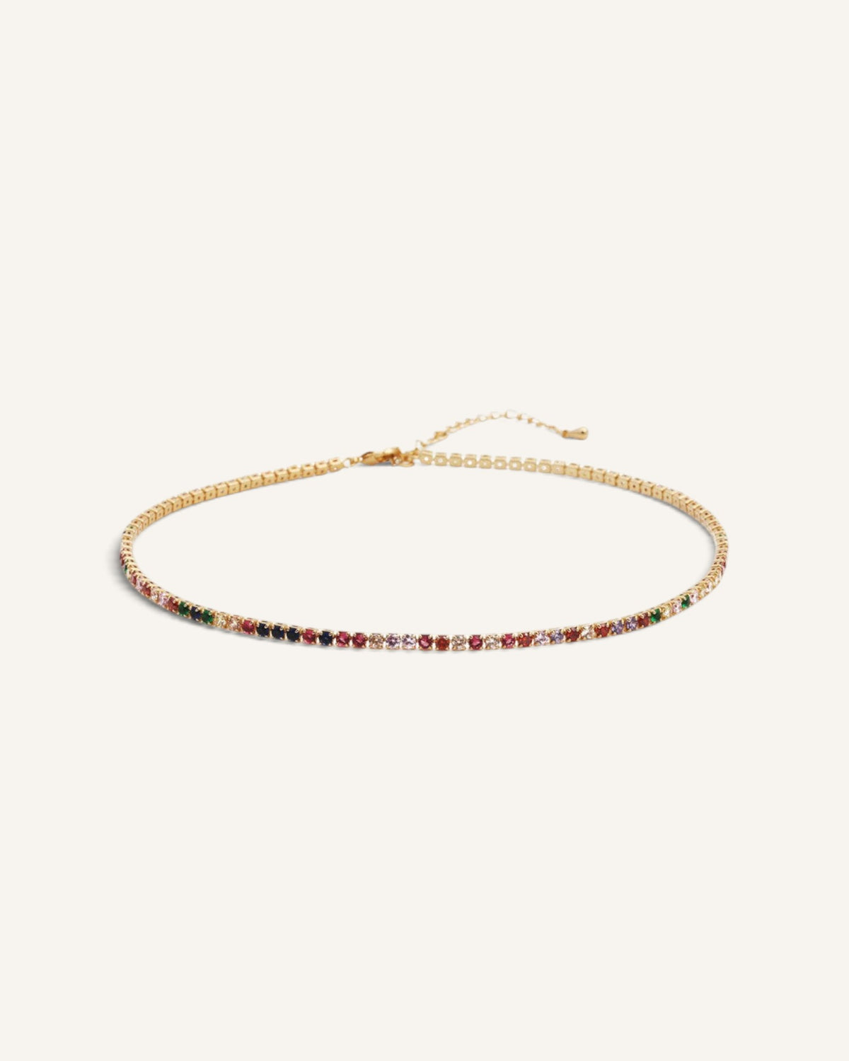 Lunéra de Paris multi-color zircon tennis necklace featuring gold-tone metal and an adjustable chain clasp.