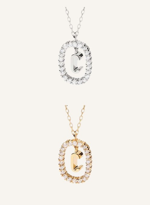 Lunéra de Paris pavé oval initial C pendant necklaces in silver and gold tones with delicate chains
