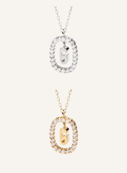 Lunéra de Paris gold and silver pavé oval initial G pendant necklaces with sparkling crystal accents on delicate chains