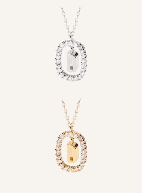 Lunéra de Paris pavé oval initial pendant necklaces in gold and silver tones with sparkling crystal accents