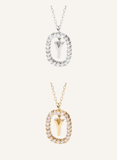 Lunéra de Paris pavé oval initial Y pendant necklaces in silver and gold tones with delicate chains.