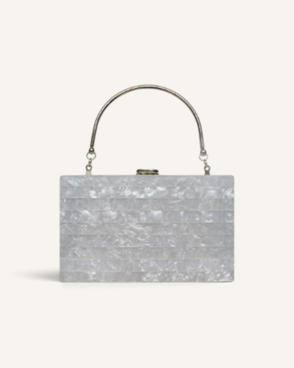 Lunéra de Paris pearlescent gray tiled box clutch with a polished gold-tone arched handle and secure clasp closure.