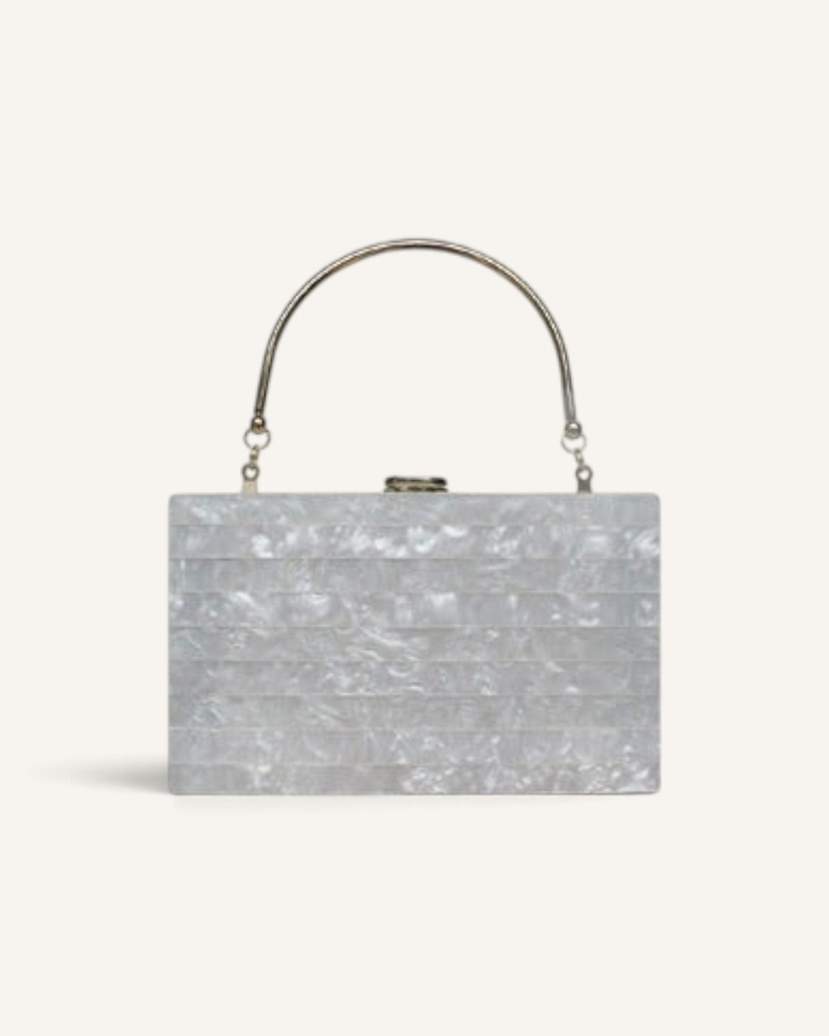 Lunéra de Paris pearlescent gray tiled box clutch with a polished gold-tone arched handle and secure clasp closure.