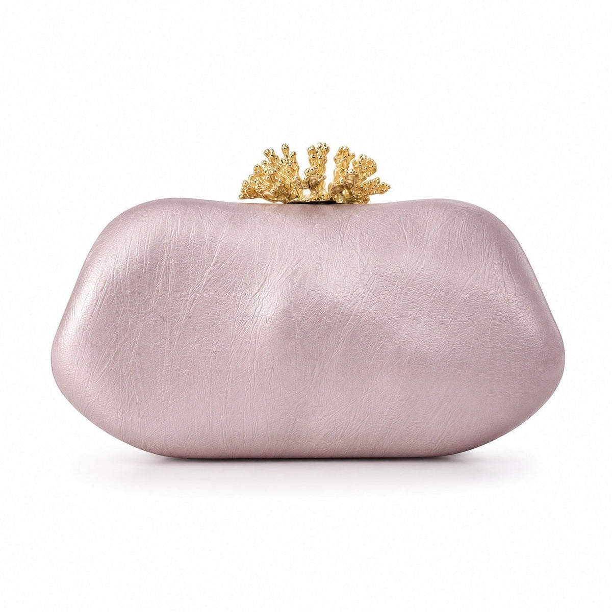 Lunéra de Paris pink oval PU leather clutch bag with a decorative gold-tone coral-inspired clasp for evening wear.