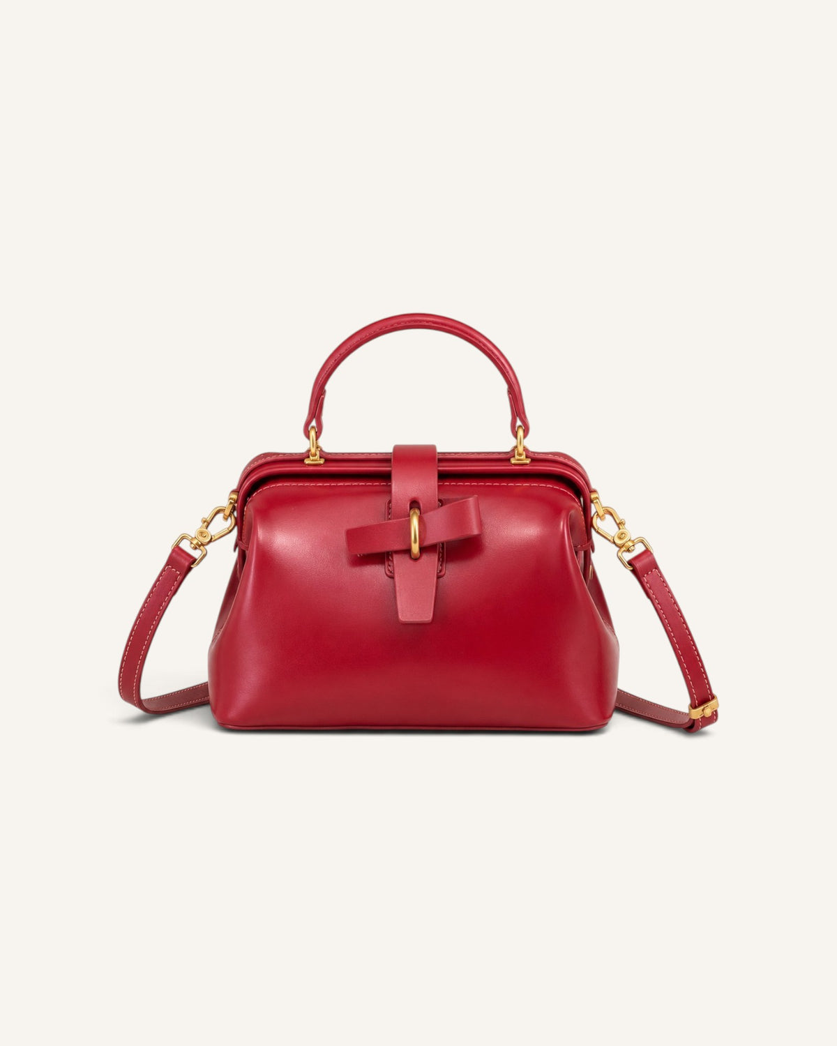 Lunéra de Paris red genuine cowhide leather doctor-style handbag with a top handle and detachable crossbody strap.