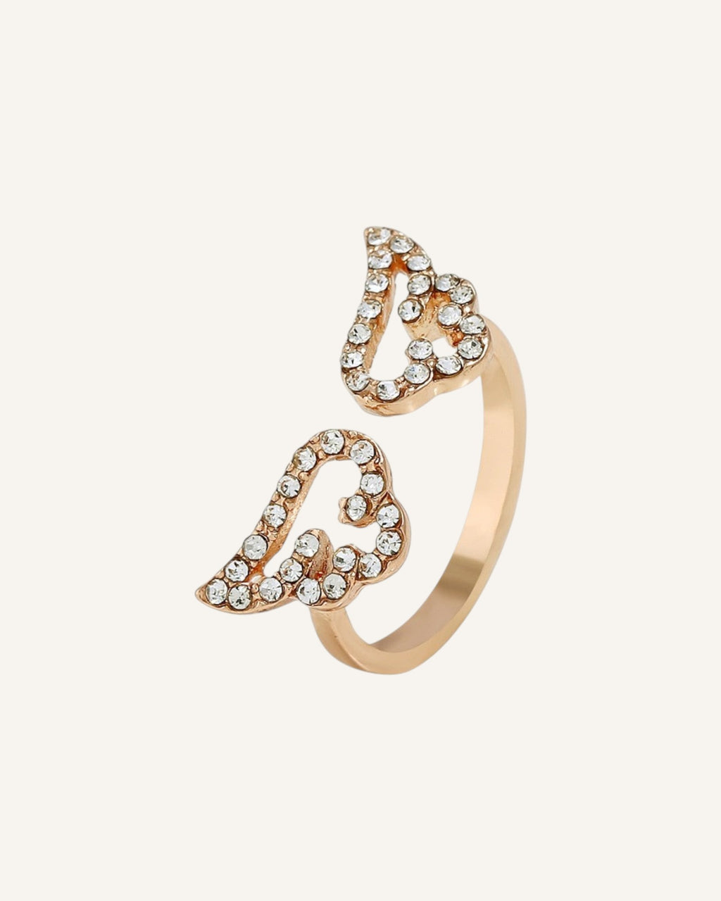 Lunéra de Paris rose gold open ring featuring delicate angel wing motifs accented with sparkling clear stones