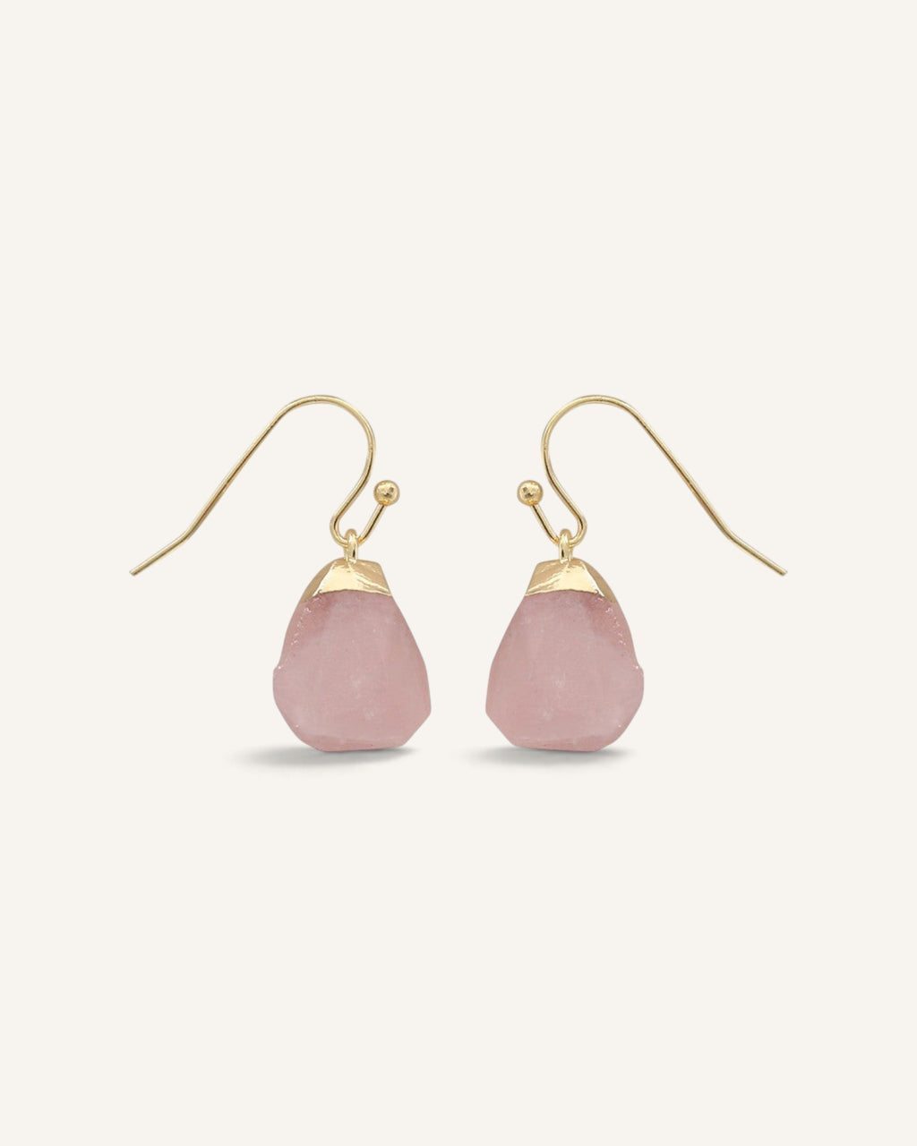 Lunéra de Paris rose quartz drop earrings with rough-cut stones and polished gold-toned French hooks.