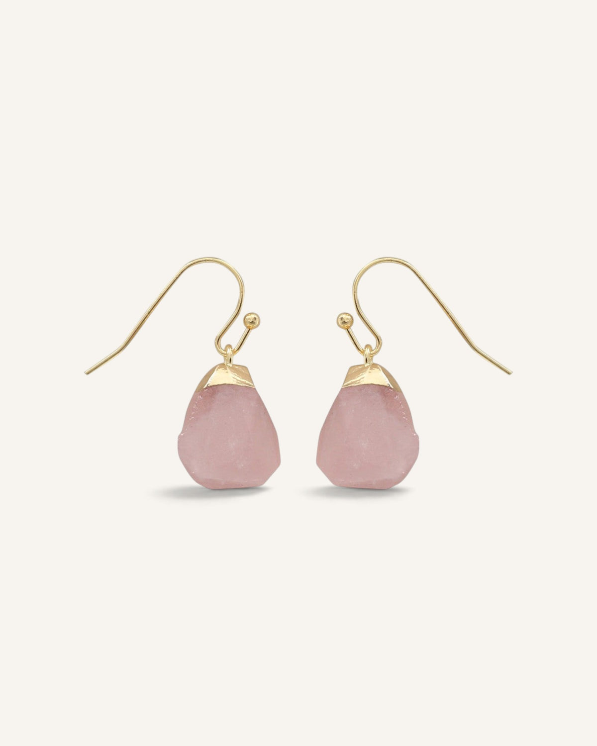 Lunéra de Paris rose quartz drop earrings with rough-cut stones and polished gold-toned French hooks.