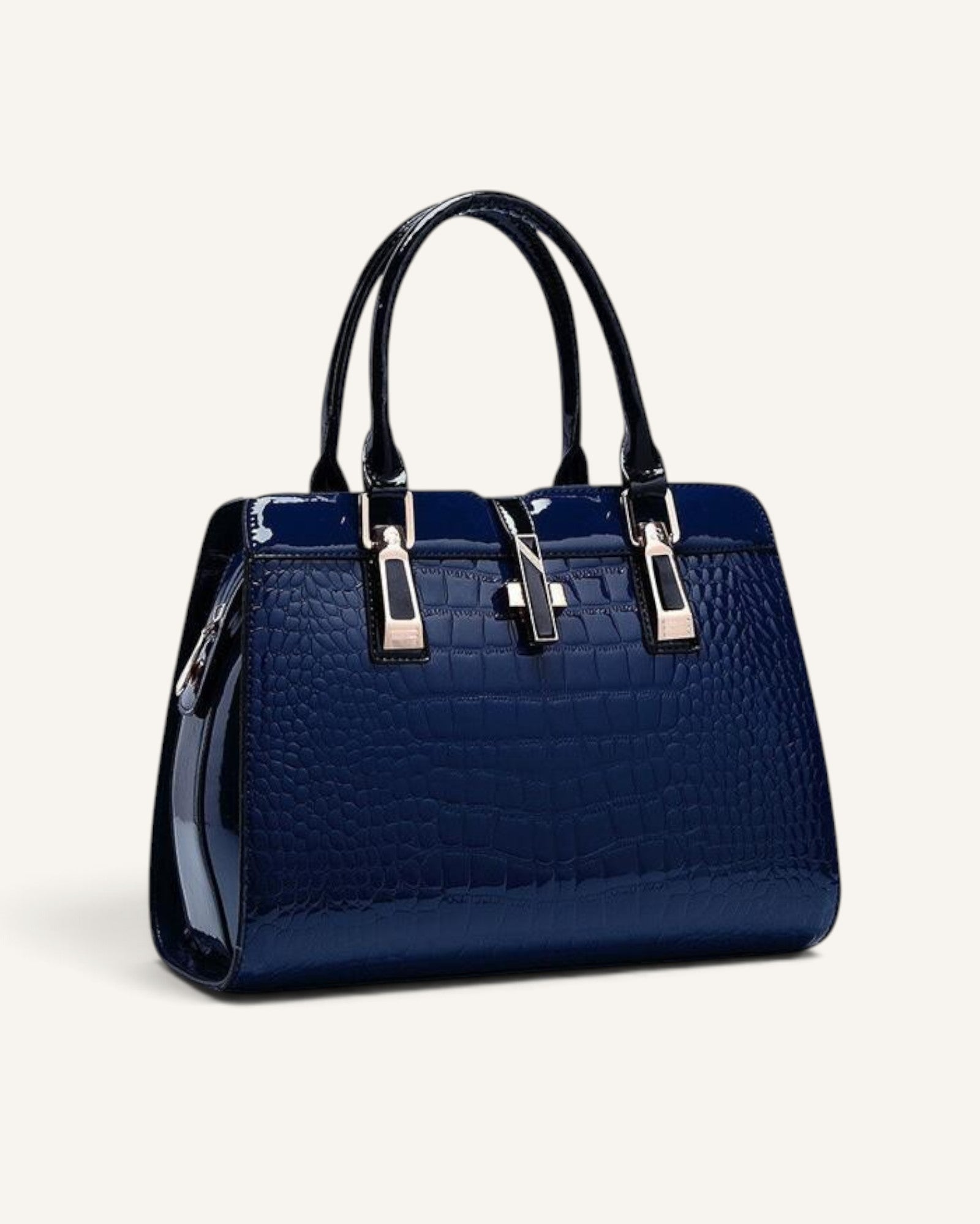 Lunéra de Paris royal blue glossy croc-embossed satchel with gold-tone hardware and dual top handles.