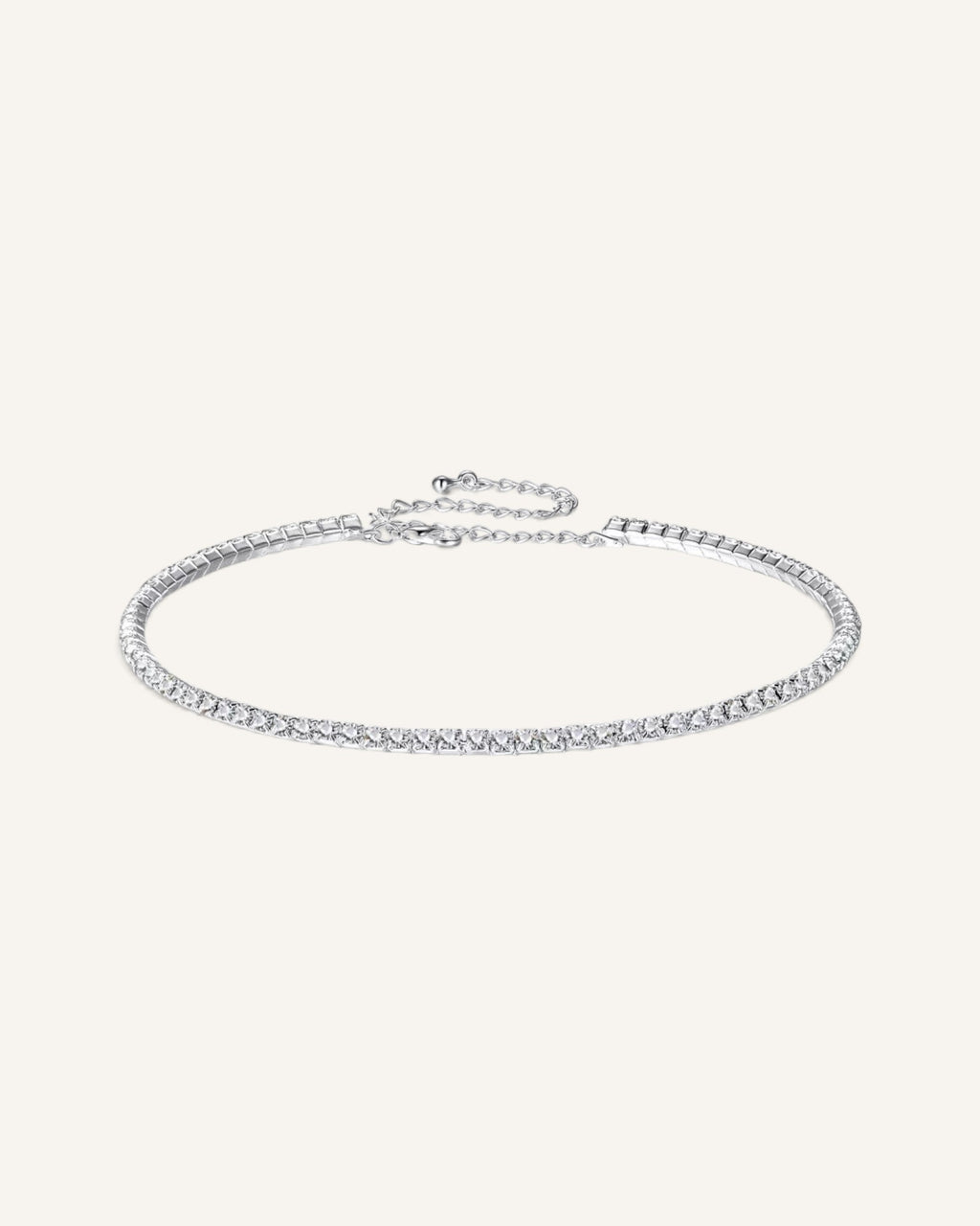 Lunéra de Paris silver tennis choker necklace with a continuous line of sparkling crystals and adjustable chain clasp