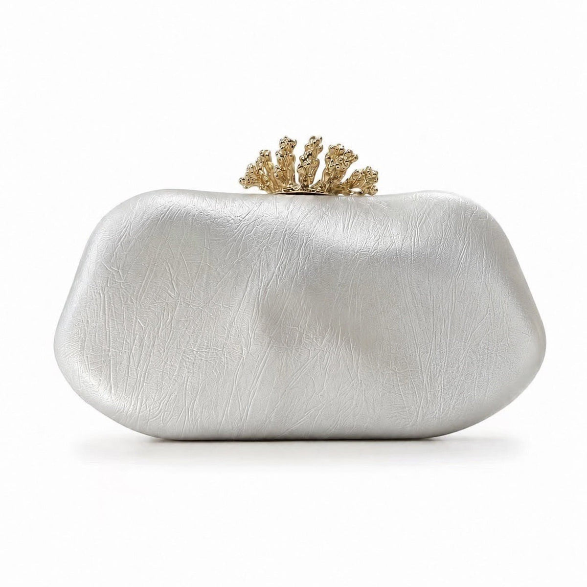 Lunéra de Paris silver oval clutch bag with textured PU leather and decorative gold metal clasp detail