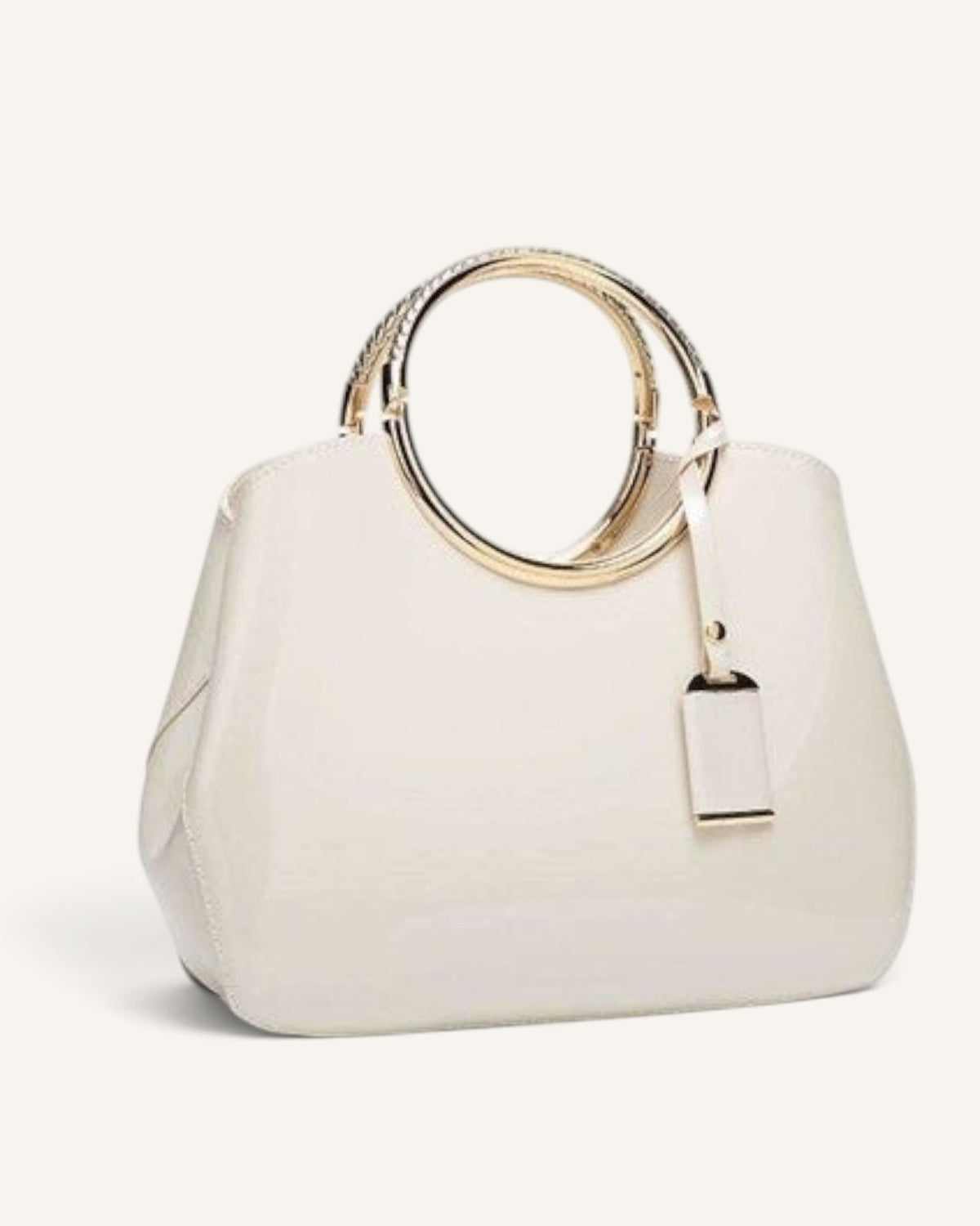 Lunéra de Paris white structured top-handle bag with a polished finish and gold-tone circular hardware detail.