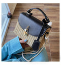 Lunéra de Paris woven crossbody bag with black flap, top handle, and floral charm turn-lock closure