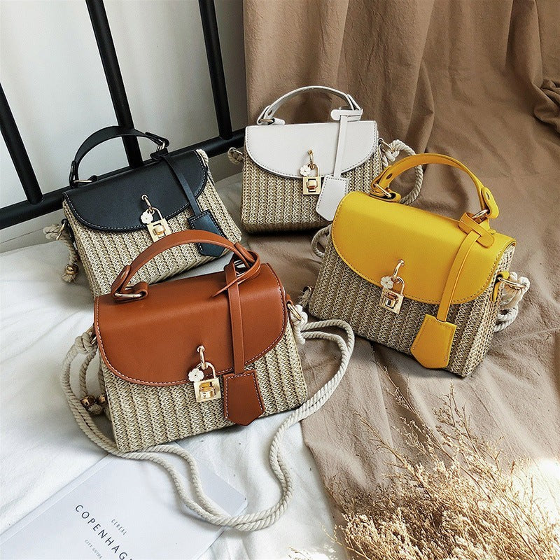 Lunéra de Paris woven crossbody bags in black, white, brown, and yellow with top handles and floral charm locks.