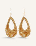 Lunéra de Paris woven rattan teardrop earrings with gold-tone hook closures on a light background