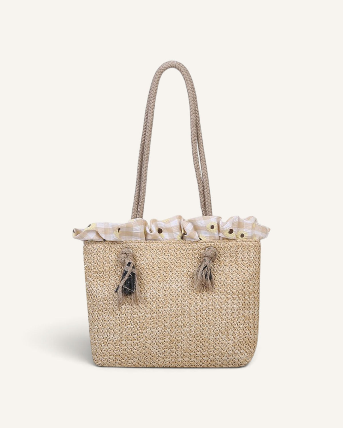 Lunéra de Paris woven straw shoulder bag with beige gingham fabric trim and braided rope handles