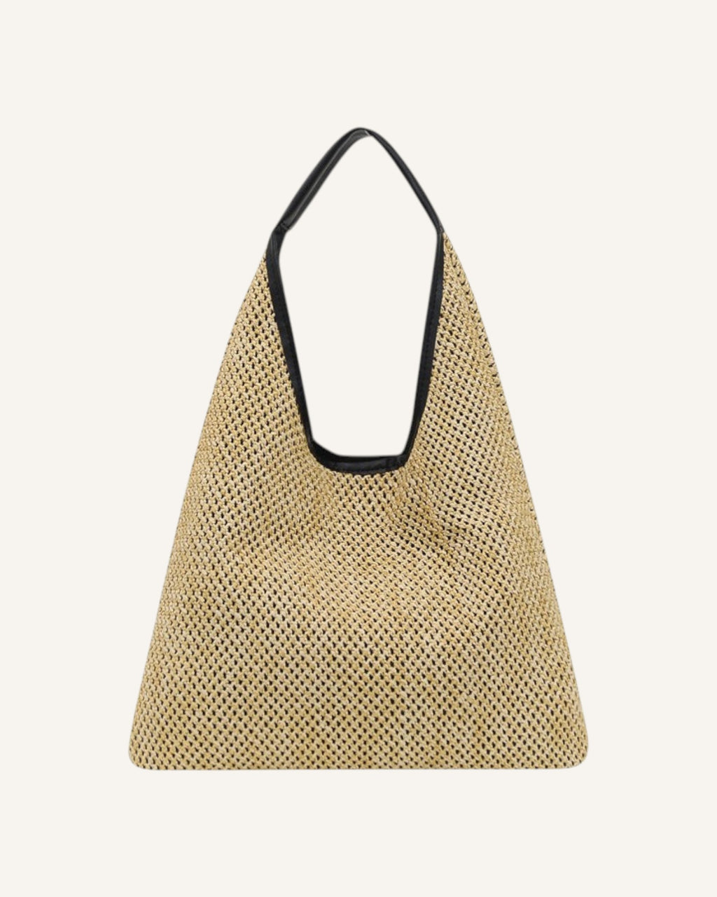 Lunéra de Paris woven triangle shoulder bag in beige with a black contrast strap and unstructured silhouette